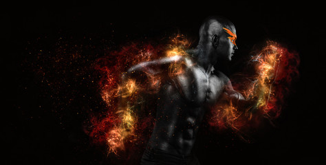Sprinter and runner man in fire. Running concept. Fitness and sport motivation. Strong and fit athletic, guy in body paint sprinter or runner, running on black background.