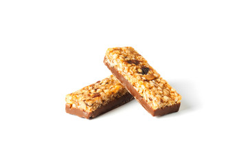 Granola bar on white background Organic Almond and Raisin