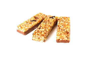 Granola bar isolated on white background Organic Almond and Raisin Close-up
