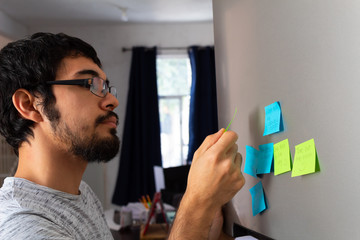 Hispanic young man taking and reading sticky posticks in his fridge