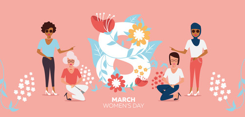 Vector illustration of the International Women's Day with flower decor with girls of different nationalities for the equality of women in society.
