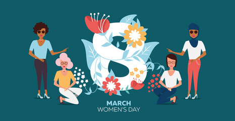 Vector illustration of the International Women's Day with flower decor with girls of different nationalities for the equality of women in society on a blue-green background.