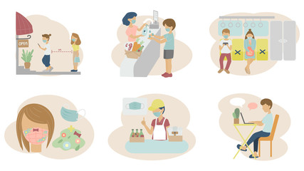 flat design set theme of " Life in time of corona ", Life in time of Pandemic. people are wearing face mask, do social distancing and use hand sanitizer when go shopping and use public transportation.
