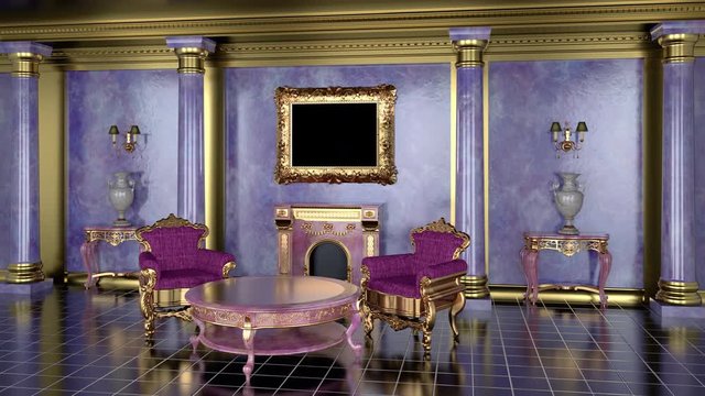 Mock up paintings in a golden frame with a transparent canvas in a classic interior with a fireplace. 3d render