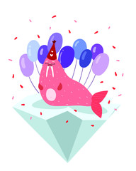 Isolated cute pink walrus on an ice floe in a hat with balloons cartoon flat vector stock illustration. Birthday card