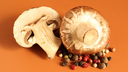 one brown royal champignon on a yellow background with a mixture of peppers. Such mushrooms resemble the taste of porcini mushrooms and have a more pronounced mushroom taste and smell. Copy space.