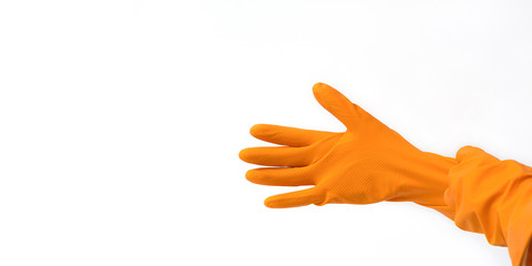Protective equipment. Banner. Gloves on hands isolated white background.