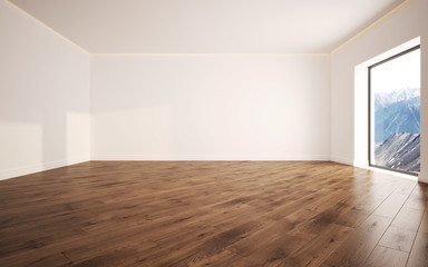 Empty, white, light, big living room with wooden floor. 3d render