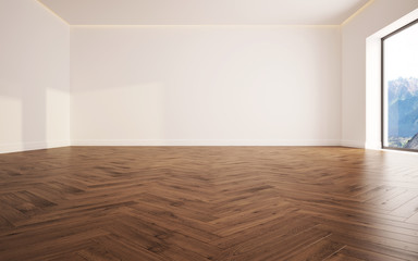 Empty, white, light, big living room with wooden floor. 3d render