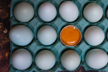 Eggs in egg carton with raw egg cracked open