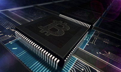 Processor factory with laser burning of Bitcoin symbols illustration