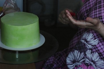 Cake in the process of cooking macro 