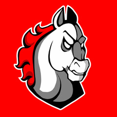 White horse on a red background. The logo is a symbol of a horse.