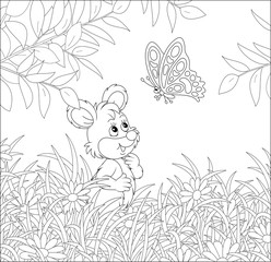 Little mouse friendly smiling and playing with a beautiful butterfly flittering over daisies hiding among grass of a pretty summer field on a sunny day, vector cartoon illustration