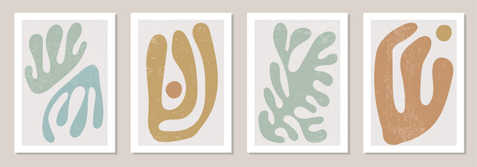 Set of Matisse inspired contemporary collage posters with abstract organic shapes in neutral colors