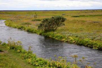 Seljalandsfoss / Iceland - August 15, 2017: The river near Seljalandsfoss waterfall, Iceland, Europe
