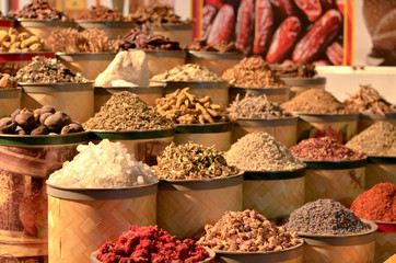 Rows & heaps of aromatic spices & herbs on display at the famous Spice Souk market in Baniyas...