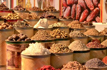 Rows & heaps of aromatic spices & herbs on display at the famous Spice Souk market in Baniyas Street, in locality of Al Ras, Deira, Dubai adjacent to the Gold Souk. It's a famous tourist destination