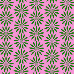 On a pink background geometric green pattern. Green leaves. Sockets.