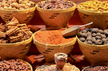 Rows & heaps of aromatic spices & herbs on display at the famous Spice Souk market in Baniyas Street, in locality of Al Ras, Deira, Dubai adjacent to the Gold Souk. It's a famous tourist destination