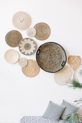 Exotic interior. Boho style. Interior design elements. Flat lay, top view