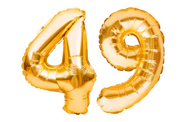 Number 49 forty nine made of golden inflatable balloons isolated on white. Helium balloons, gold...