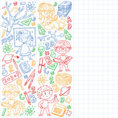 Online learning, education. Back to school. Vector icons and elements for little children, college. Doodle style, kids drawing