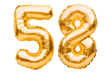 Number 58 fifty eight made of golden inflatable balloons isolated on white. Helium balloons, gold foil numbers. Party decoration, anniversary sign for holidays, celebration, birthday, carnival