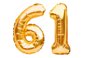 Number 61 sixty one made of golden inflatable balloons isolated on white. Helium balloons, gold...