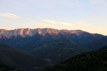 Cadí mountains with the sunset sun