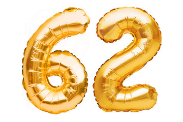 Number 62 sixty two made of golden inflatable balloons isolated on white. Helium balloons, gold foil numbers. Party decoration, anniversary sign for holidays, celebration, birthday, carnival