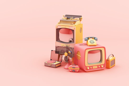 old television in pink colour and old stuff writer radio in colorful pastel tone 3d rendering