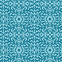 Fototapeta na wymiar Elegant damask ornament seamless vector pattern in teal and blue. Decorative surface print design. For fabrics, stationery and packaging.