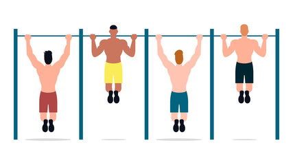 Set of men pulling themselves on a horizontal bar. Sports training. Flat style. Vector illustration.
