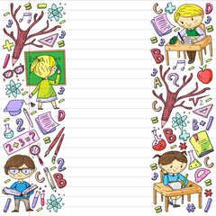 Online learning, education. Back to school. Vector icons and elements for little children, college. Doodle style, kids drawing