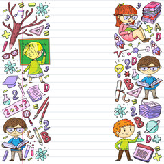 Online learning, education. Back to school. Vector icons and elements for little children, college. Doodle style, kids drawing