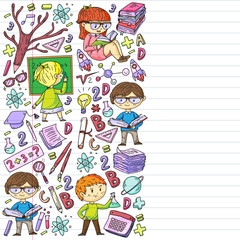 Online learning, education. Back to school. Vector icons and elements for little children, college. Doodle style, kids drawing