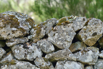 Traditional stone wall with moss and lichen on a sunny day.