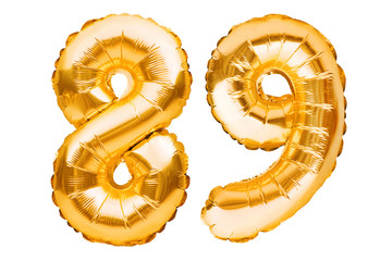 Number 89 eighty nine made of golden inflatable balloons isolated on white. Helium balloons, gold...
