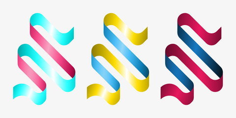 Set of isometric ribbons in different colors. Decorative design element.
