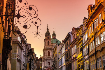 Obraz premium old streets of Prague near Charles bridge at sunset