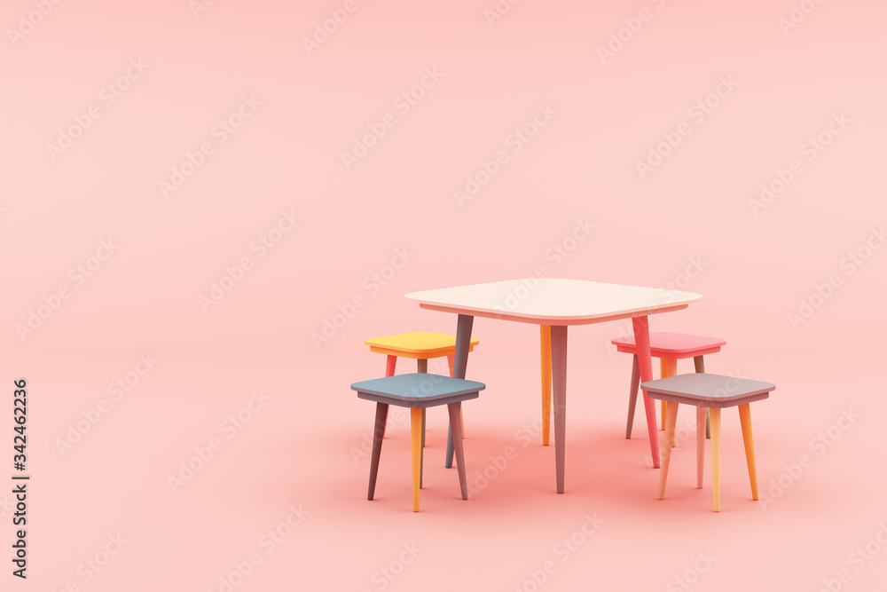 Poster modern minimal stool in colorful pastel concept on pink background 3d rendering