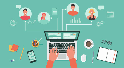 people connecting and working online together on laptop computer, remote working, work from home, work from anywhere and new normal concept, vector flat illustration