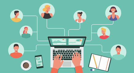 people with different and expert skills connecting and working online together on laptop computer, remote working, work from home, work from anywhere and new normal concept, vector flat illustration