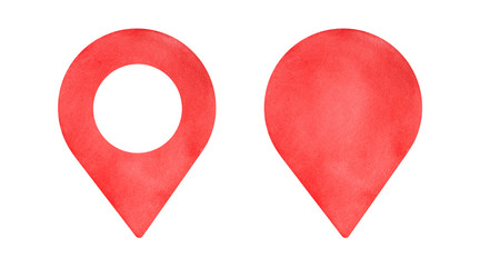 Water color illustration set of bright red Map Pin symbols. The empty one variation and with round in the middle. Handdrawn watercolour sketchy drawing on white, isolated clip art elements for design.