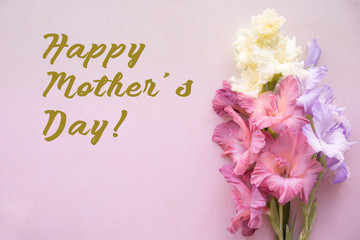 Happy Mother's Day. Colorful gladioli on a pink background. Flowers on a blank surface, top view. Greeting card.