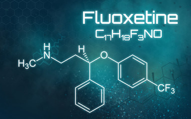 Chemical formula of Fluoxetine on a futuristic background