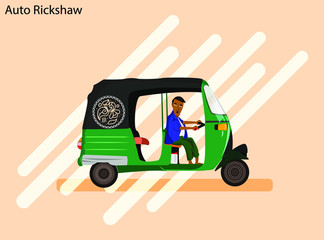 Green Color South Asian three wheeler Auto rickshaw Flat vector Icon Illustration