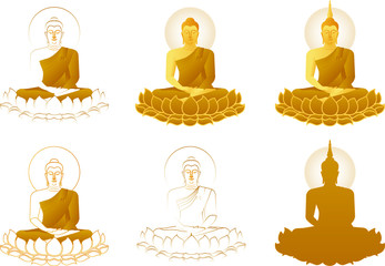 The beautiful set of various Lord of Buddha statue sculpture Enlightenment mediating sitting on lotus flower in color of golden line and stoke on white background for Buddhist holiday retro style