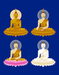 The beautiful set of various Lord of Buddha statue sculpture Enlightenment mediating sitting on lotus flower in color of golden beige and white on dark blue background for Buddhist holiday retro style